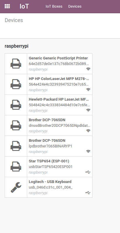 Los dispositivos de impresora enlistadas en el menú de dispositivos de IoT. 