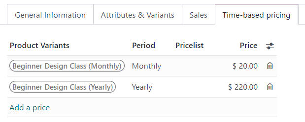 Las variantes de producto en la pestaña *Precio basado en tiempo* del formulario del producto.