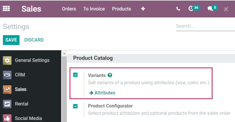 Seleccionar "Variantes" desde los ajustes de la aplicación Inventario.