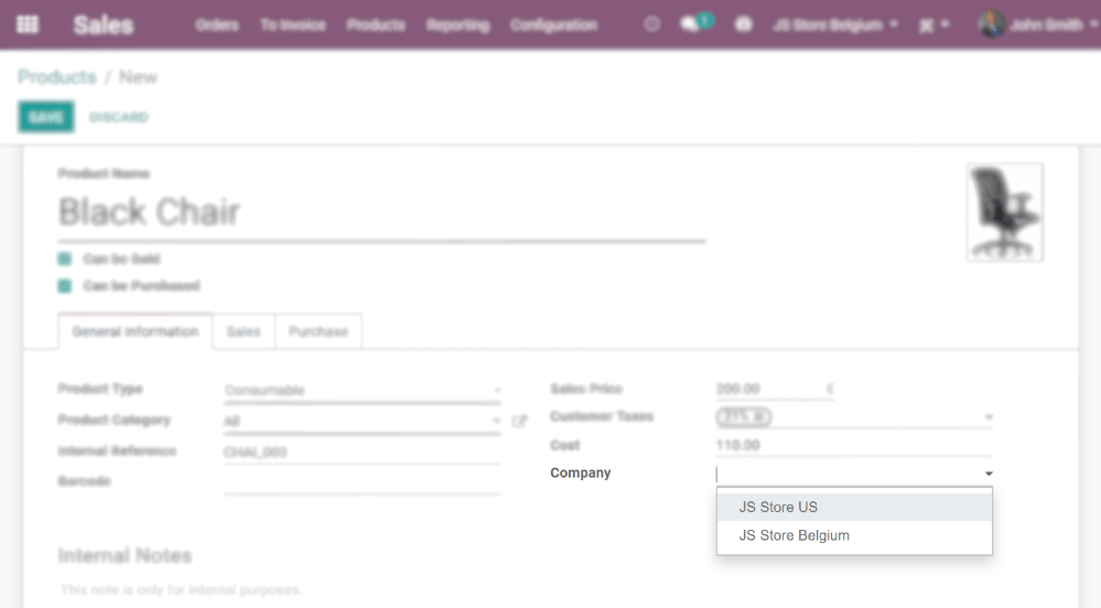 Vista del formulario de un producto enfatizando el campo de la empresa en Ventas de Odoo