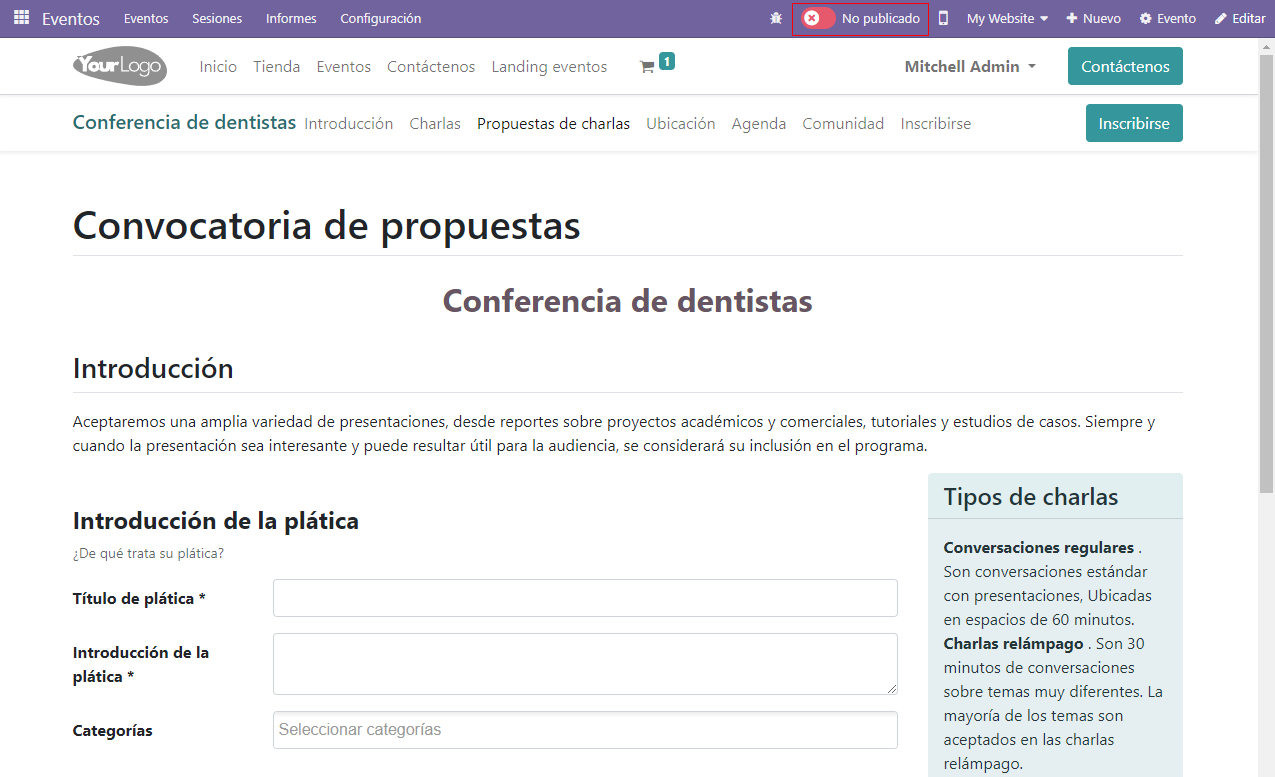 Vista del sitio web en la que se ve el botón "Sin publicar" en las charlas propuestas de Eventos de Odoo.