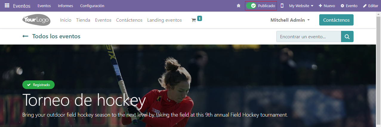 Vista de la página del sitio web y la opción de publicar el evento en Eventos.