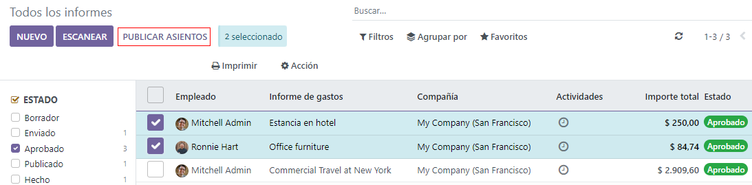 Publique varios reportes a la vez desde la vista Reportes de gastos, con el filtro Aprobado.