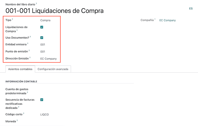 Configuración de liquidaciones de compra para el tipo de documento electrónico de retención en Ecuador.