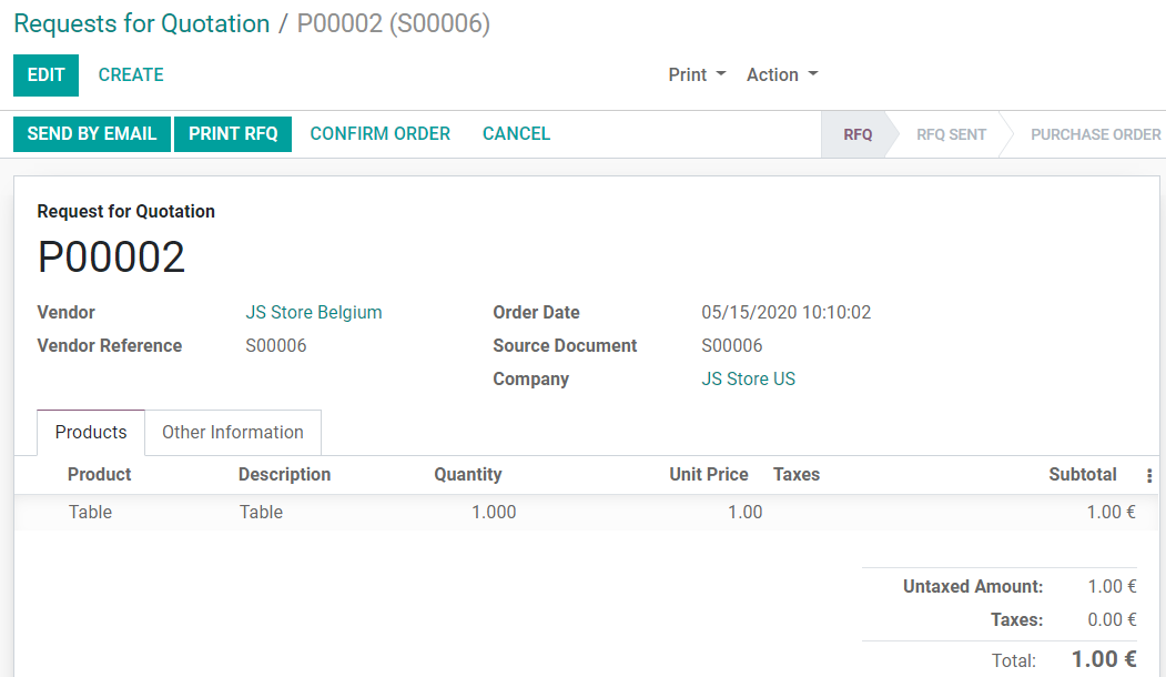 Vista de la compra creada en JS Store US desde JS Store Belgium en Odoo