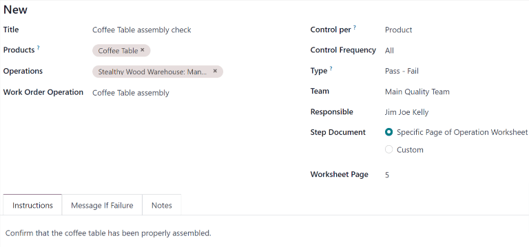 Un punto de control de calidad configurado para crear controles de tipo Aprueba - Falla en una operación de una orden de trabajo. 