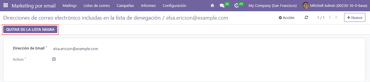 Vista de un formulario de detalles de contacto en lista negra en la aplicación Marketing por correo electrónico de Odoo.