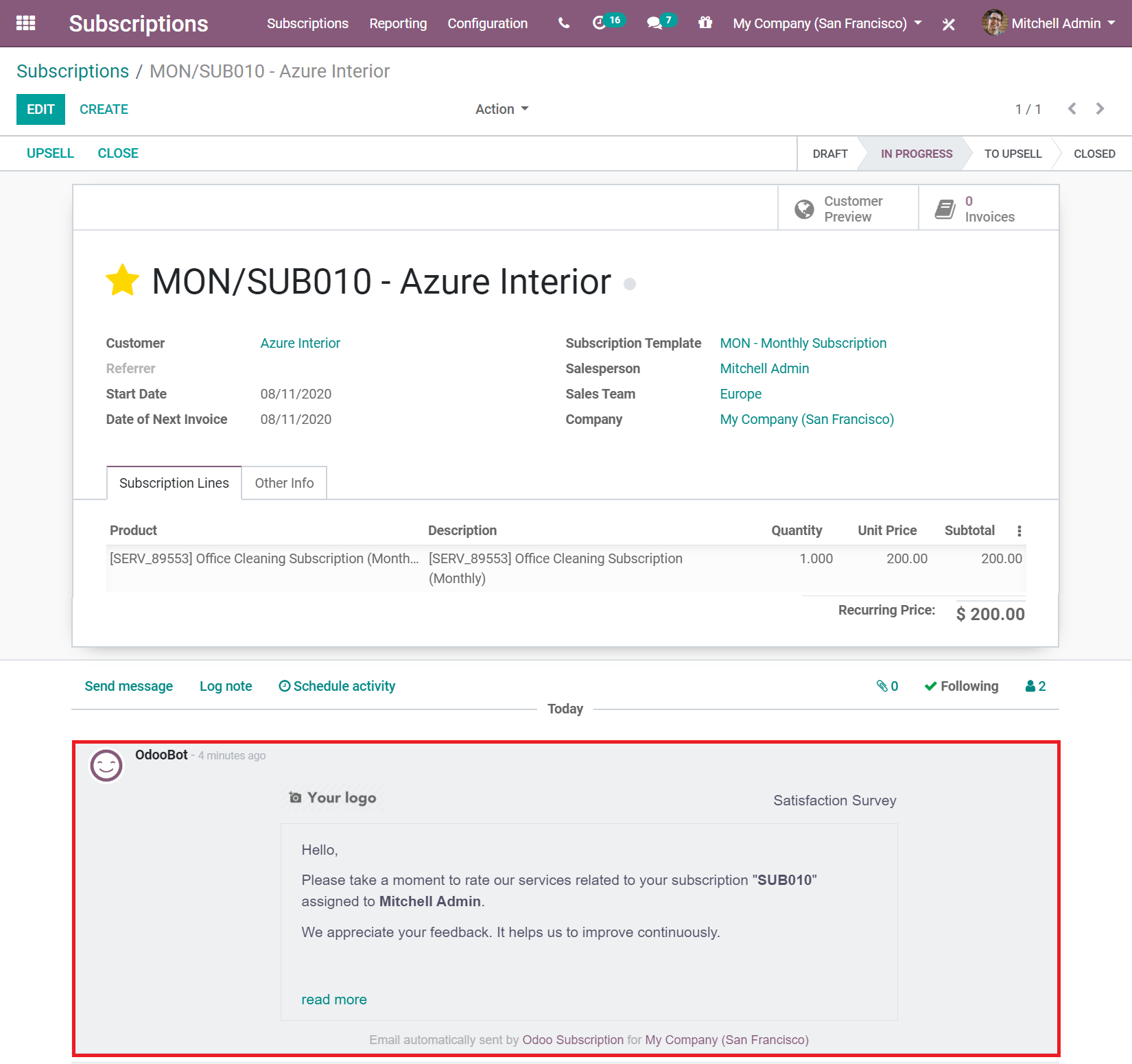 Encuesta de satisfacción en Suscripciones de Odoo