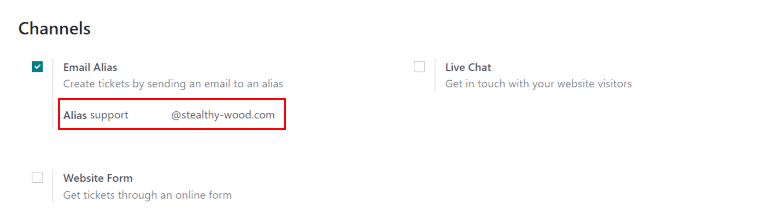 Vista de la página de ajustes de un equipo de servicio de asistencia en la que se hace énfasis en la función de seudónimo de correo electrónico en la aplicación Servicio de asistencia de Odoo.