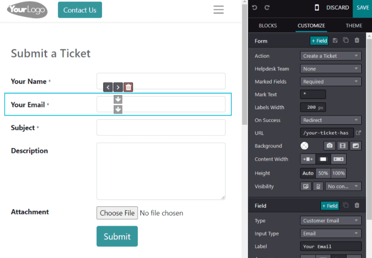 Vista del formulario de sitio web sin publicar para enviar un ticket a la aplicación Servicio de asistencia de Odoo.