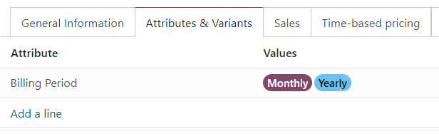 Periodos recurrentes configurados como variantes de producto en la pestaña "Atributos y Variantes" del formulario del producto.