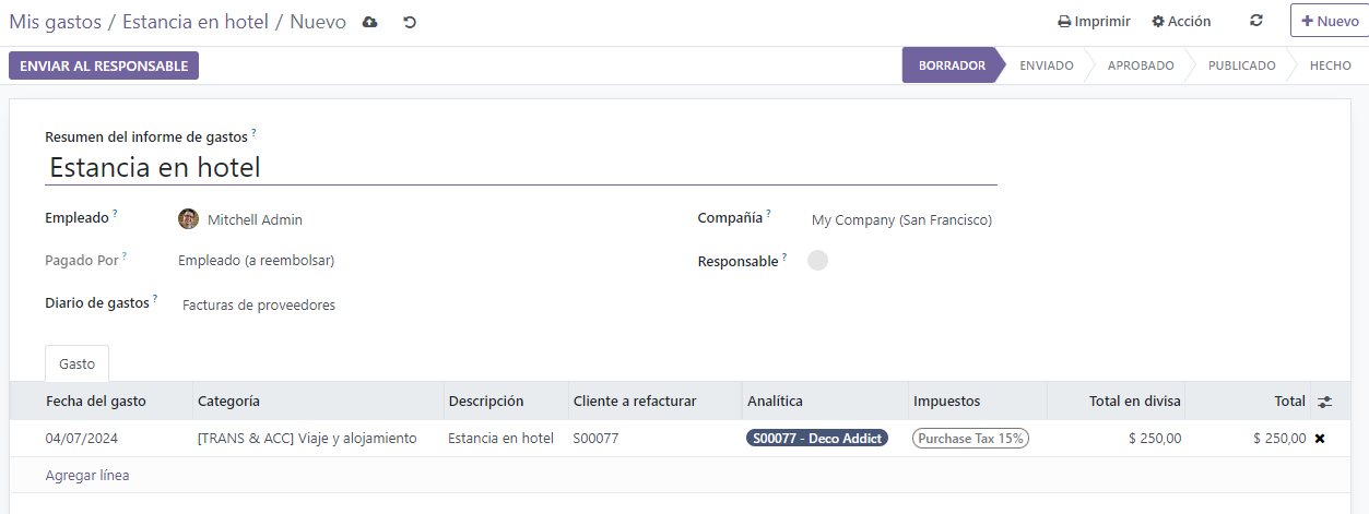 Cómo se ve un Resumen de Informe de Gastos en Odoo Expenses.