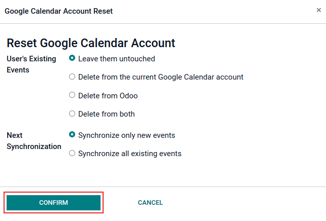 Opciones de restablecimiento para Google Calendar en Odoo.