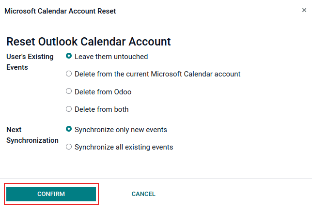 Opciones de restablecimiento para el calendario de Outlook en Odoo.