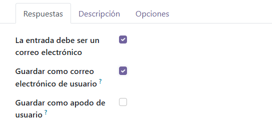 Los tres tipos de casillas que pueden aparecer si selecciona una sola línea de texto como tipo de pregunta.