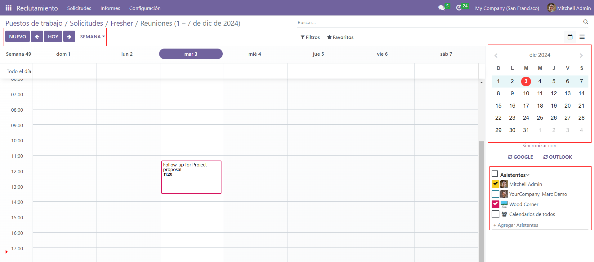 Vista de calendario donde se muestra cómo cambiar las reuniones mostradas.