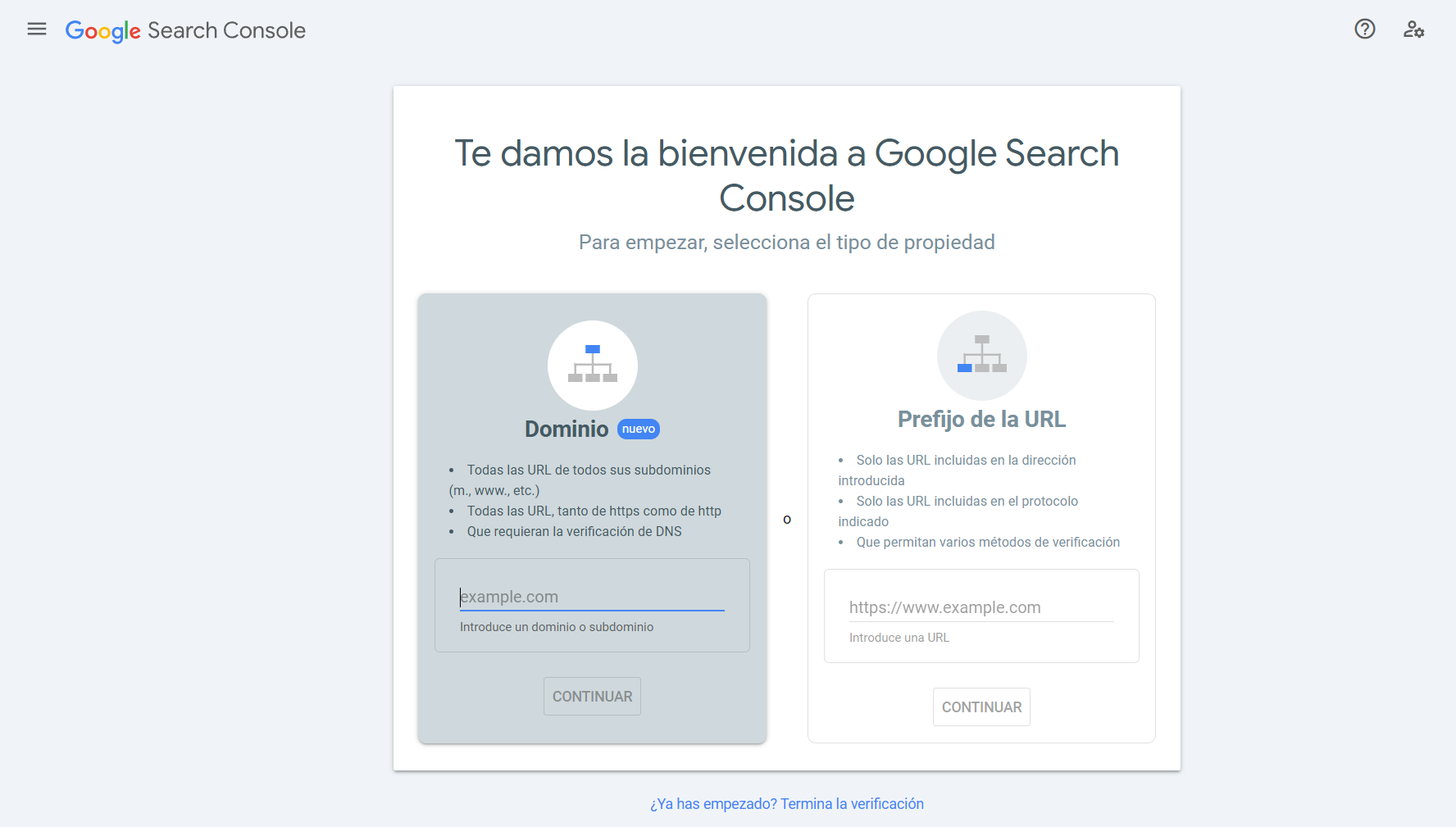 Google Search Console, opciones de dominio o prefijo de URL.