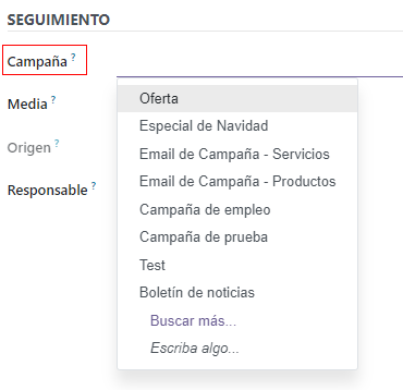 Vista de un menú desplegable en la campaña de correo en la aplicación Marketing por correo electrónico de Odoo.