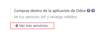 La aplicación Configuración que muestra el encabezado IAP de Odoo y el botón Ver mis servicios.