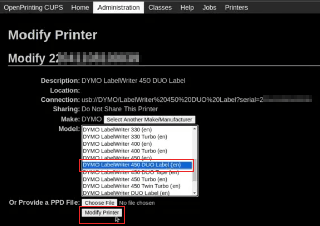 Configuración del modelo de la impresora con DYMO LabelWriter 450 DUO Label (en).