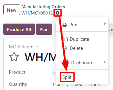 Los botones configuración y dividir en una orden de fabricación.