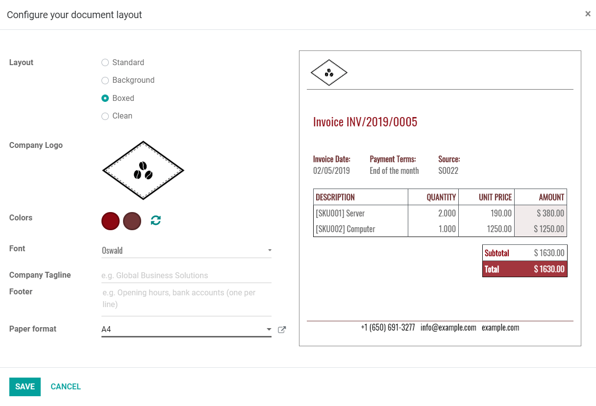 Configuración del diseño del documento en la aplicación Facturación de Odoo