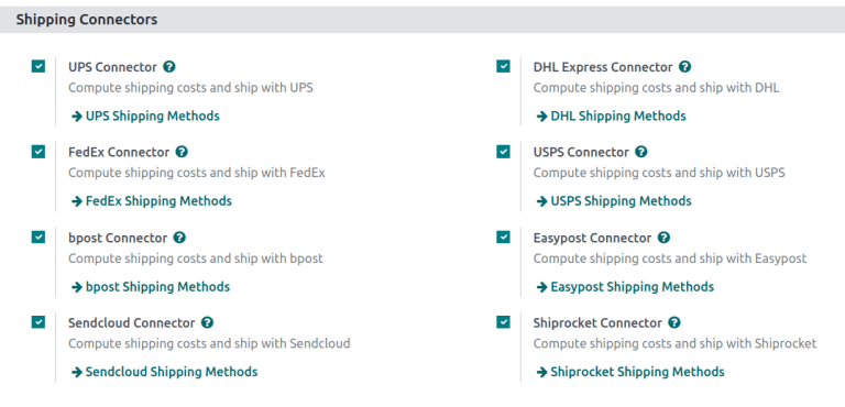 Las opciones de conectores de envío disponibles en Odoo.