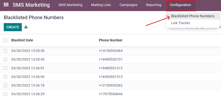 Menú de lista de exclusión de SMS en la aplicación.