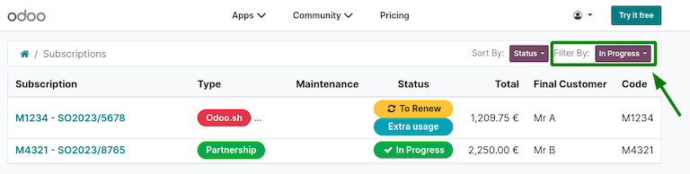 Suscripciones del portal Odoo.com filtradas por "en progreso".