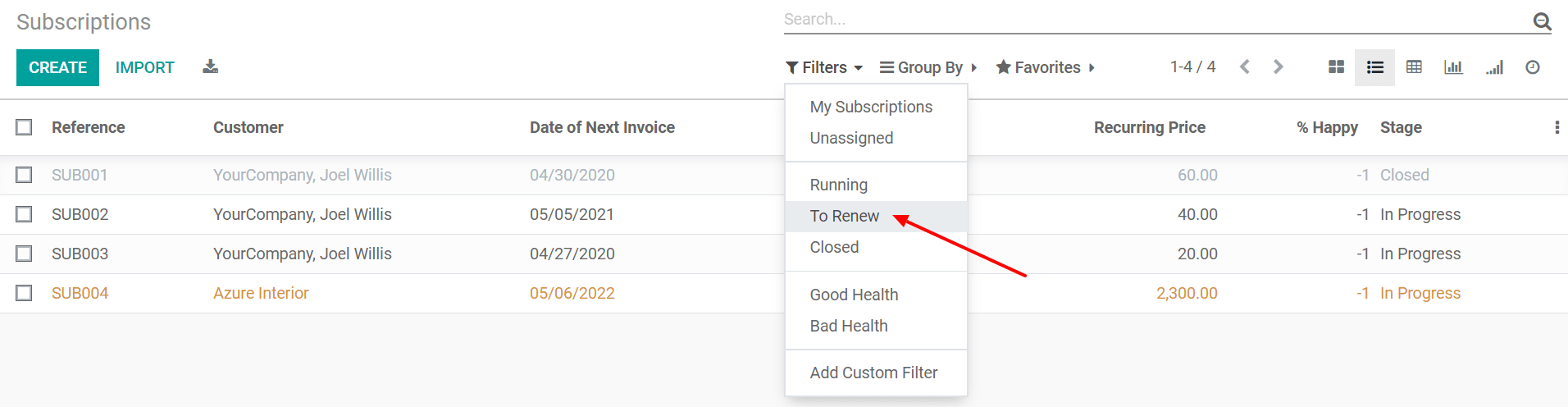 Vista de lista de todas las suscripciones y uso de un filtro para renovar en Suscripciones de Odoo