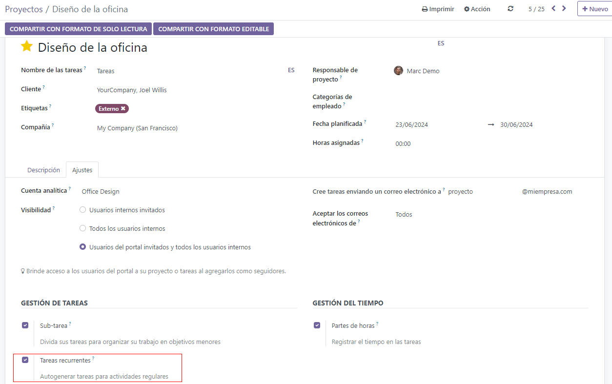 Active o desactive las tareas recurrentes en la ficha de proyecto