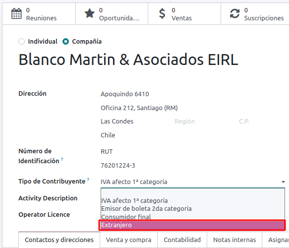 Tipo de contribuyente que se necesita para el módulo Exportaciones electrónicas para bienes.