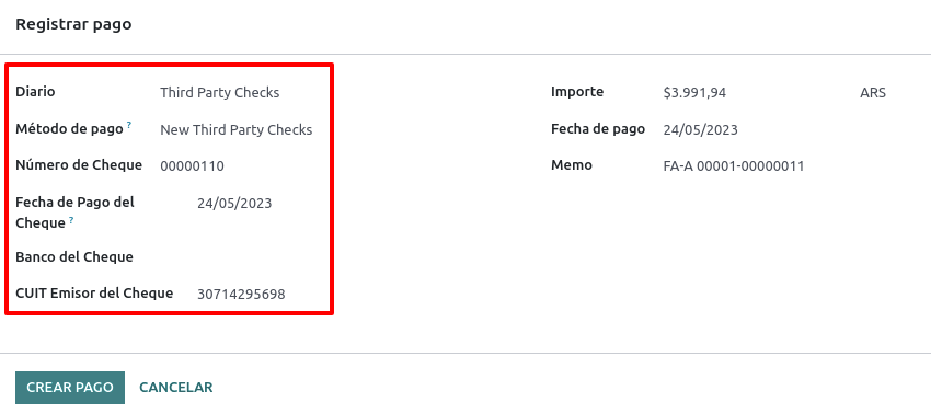 Ventana emergente de pago con las opciones de Nuevo cheque de terceros activadas.