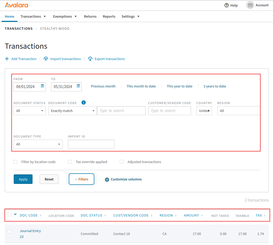 La página de transacciones en el portal de Avalara. El filtro y las opciones de ordenación aparecen en un recuadro rojo.