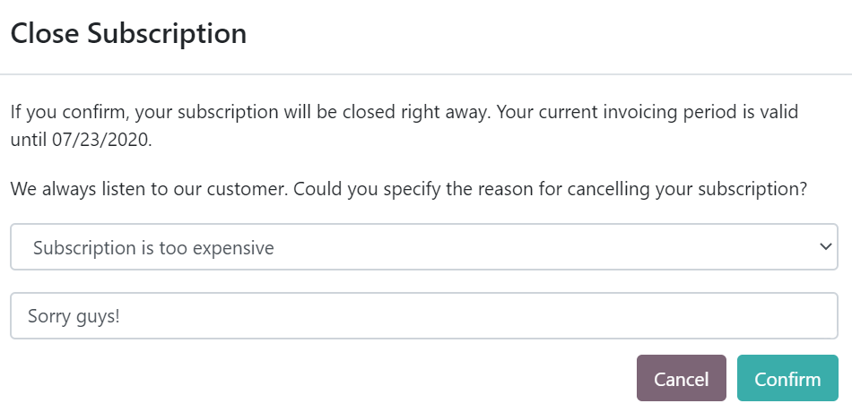 ¿Qué pasa cuando los clientes cierran su suscripción con Suscripciones de Odoo?