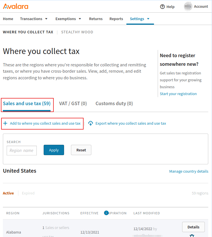 Consola de gestión de AvaTax en la página Dónde recolecta impuestos, con el botón agregar e impuesto de usos y ventas resaltados.