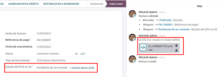 Archivo DTE XML en el chatter.