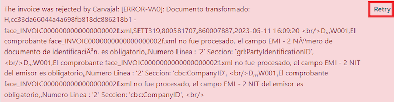 Errores de validación del XML que aparecen en el chatter de la factura en Odoo.